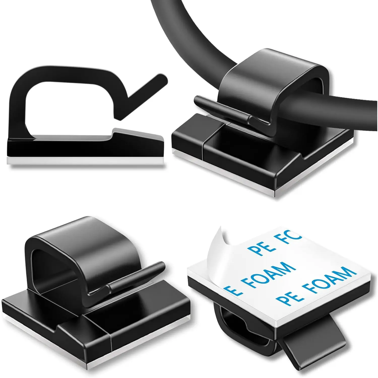 100 Pcs Adhesive Cable Clips Cord Holder Wire Management Self Adhesive Hooks Wire Holder for Home Office Black