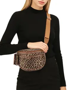 1 Piece Leopard Print Round Sling Crossbody Bag Matching Mini Detachable Coin Pouch Adjustable Wide Fabric Strap Dual Front Zipper Layers Medium Capacity Chest Bag for Street Shopping Music Festival Daily City Walk Weekend Casual Outing