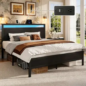 Industrial Black Platform Bed with LED Lights & Charging Station, Storage Headboard Shelf, Under Bed Storage, Noise Free Slats, No Box Spring, Easy Assembly Bedroom Bed