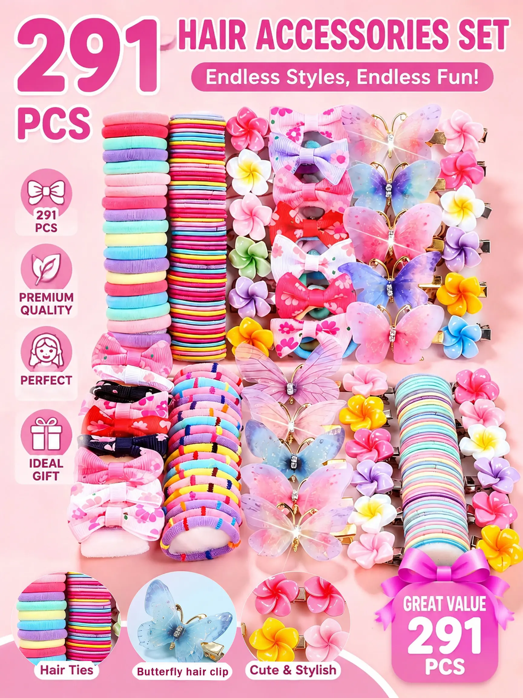 291-piece rainbow hair accessory set, Cute hair accessories, suitable for little girls, birthdays and parties, including tulle butterfly hair clips, plumeria hair clips, fabric bow hair ties, disposable small hair elastics