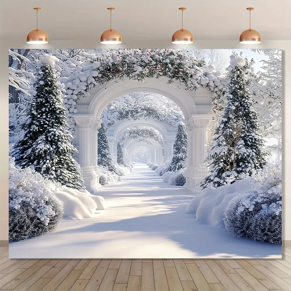 2D Flat Christmas Snowy Landscape Banner | Winter Trees & Arch Holiday Backdrop | Single-Sided Polyester | Metal Grommets for Easy Hanging | Perfect for Christmas Parties, Living Room, Outdoor Decor & Holiday Photography