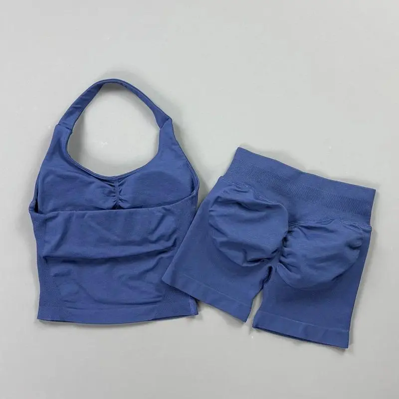 2Pcs Women Gym Shorts Set Seamless Halter Top and Low Ribbed Waist Scrunch Butt Leggings Sets Fitness Sports Biker Shorts Set