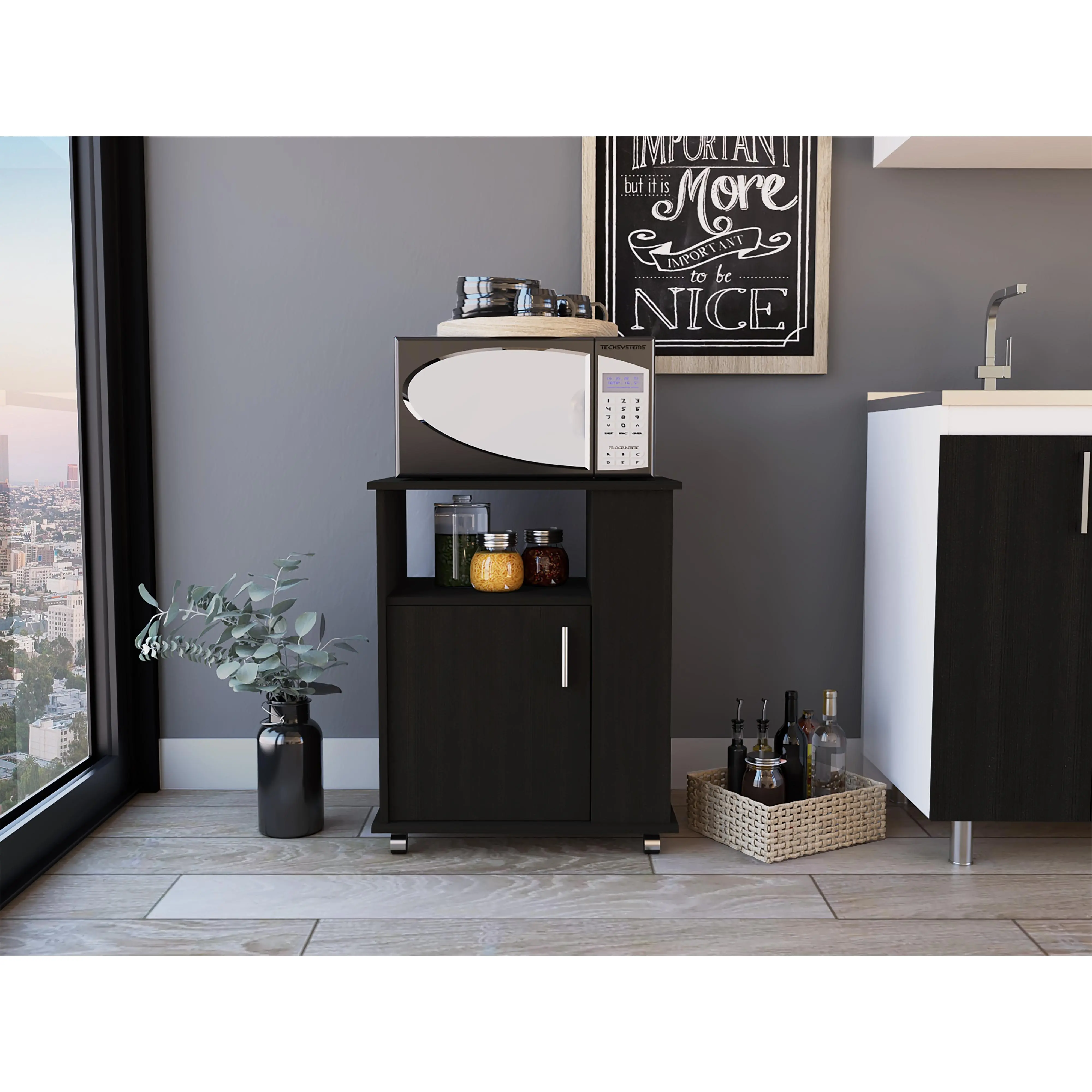 Black Particle Board Lower Kitchen Cabinet with Single Door and Three Side Shelves for Microwave and Countertop Storage