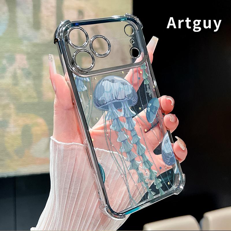 Deep Sea Jellyfish Pattern Phone Case for iPhone 17 Pro Max 16 15 Plus Air 14 13 12 11 E Electroplated Four-Corner Anti-Fall Protection Cellphone Cover