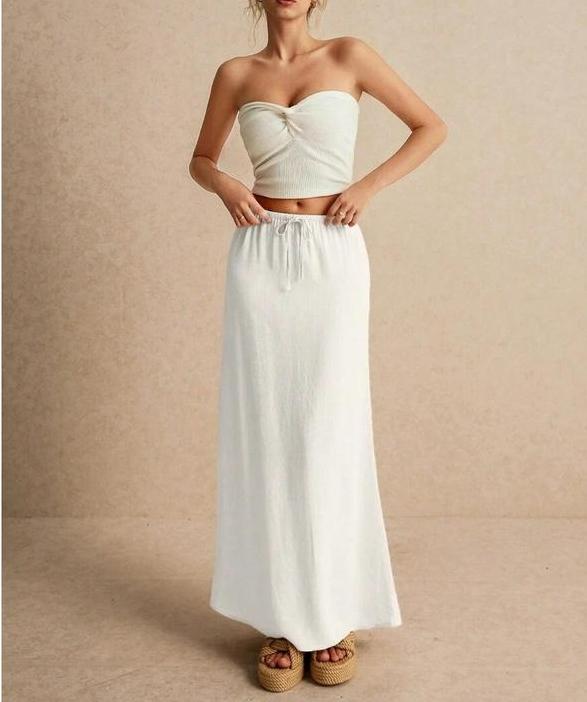 LYD- Women's White Maxi Skirt - Minimalist Drawstring Linen Fabric, Regular Fit, Casual Style, All Seasons Bottoms for Home Wear -LYD sport women leopard