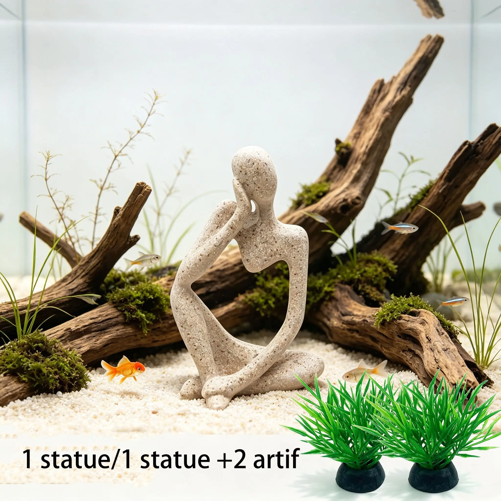 Sandstone Meditating Statue Fish Tank Decorations Betta Fish Aquarium Ornaments Small Thinker Statue Decorative Accessories for Underwater Landscaping Home Garden Decor