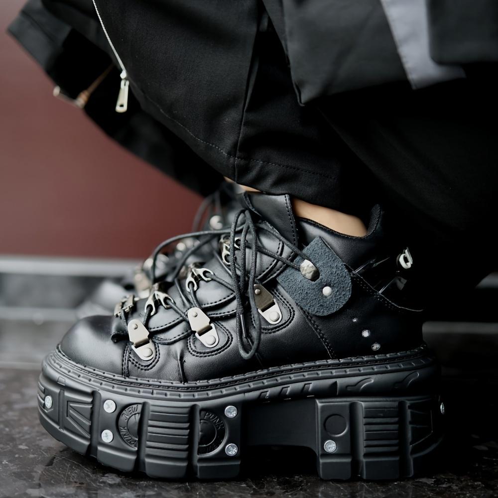 [Punk Combat Sneakers] Punk Combat Sneakers Women's |   Platform Metallic Decor Rock Gothic Y2K Boots |   Black High Thick Sole Cross Tied Rivets Flats