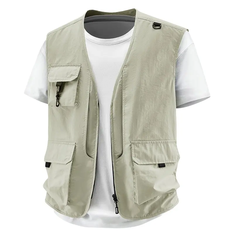 Men's Solid Multi-Pocket Cargo Vest, V-Neck Zipper Front, Shoulder Adjustment Buckles, Lightweight Quick Dry Fabric, Durable & Practical, Casual & Comfortable, Suitable For Fishing, Camping And Daily Outfits