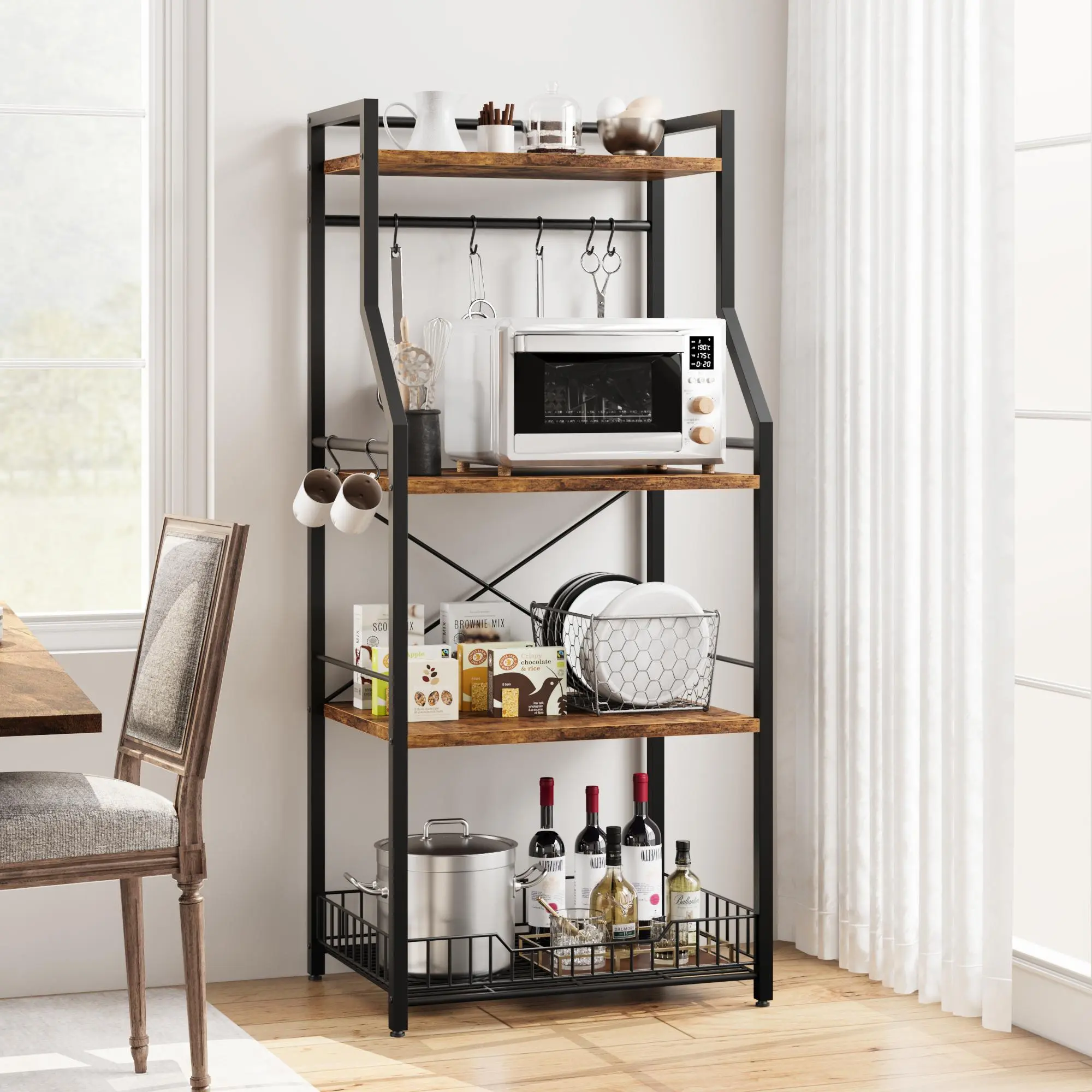 4-Tier Kitchen Bakers Rack & Microwave Stand, Rustic Brown Coffee Bar Shelf with Wire Basket & 8 Hooks, Space-Saving Utility Storage Organizer for Small Space!