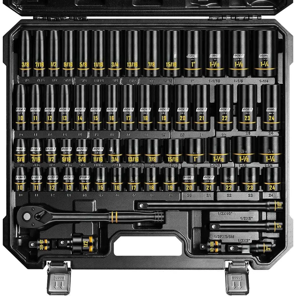 1/2" Drive  Socket Set, 65- Standard SAE (3/8" to 1-1/4") & Metric (10mm-24mm) Deep & Shallow Socket with Embossed Painted Marking, Includes Adapters, Ratchet Wrench, Extension Bars