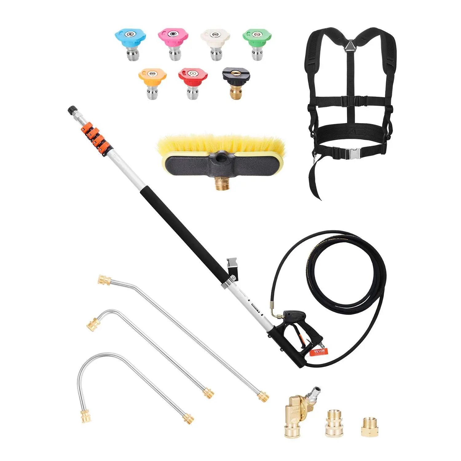 【Summerfinds】VEVOR Pressure Washer Telescoping Wand, 24 ft, 4000 psi, Telescopic Spray Wand with Power Washer Extension Wands, Gutter Cleaner, Brush Head, Pivoting Coupler, 7 Spray Nozzles and Support Harness