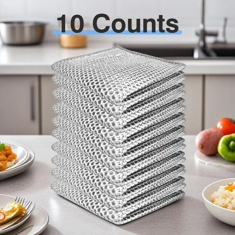 10-Count Scratch-Resistant Steel Wire Mesh Scrubber Pads, 2-Layer Grid Weave Double-Sided Long-Lasting Anti-Fouling Household Kitchen Cleaning Tools for Stoves (Wet & Dry Use), Scrubber Pad