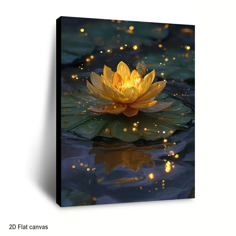 Artistic Houndstooth Golden Lotus Framed Canvas Wall Art - 1-Piece Floating Lotus with Glowing Lights on Marble-Inspired Water, Modern Minimalist Zen Decor, Thanksgiving/Father's Day/Easter Gift, 16×24in(40×60cm) Home Supplies