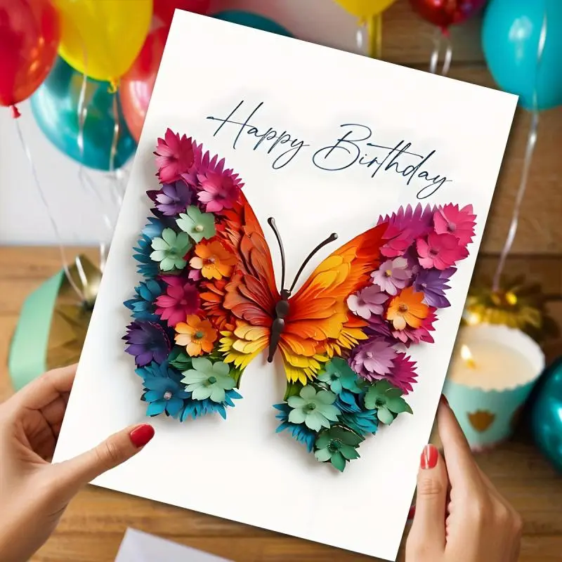 3D Butterfly Birthday Card with Matching Envelope, Colorful Aesthetic Pop Up Design, Unique Gift Greeting Card, 12cm×17cm