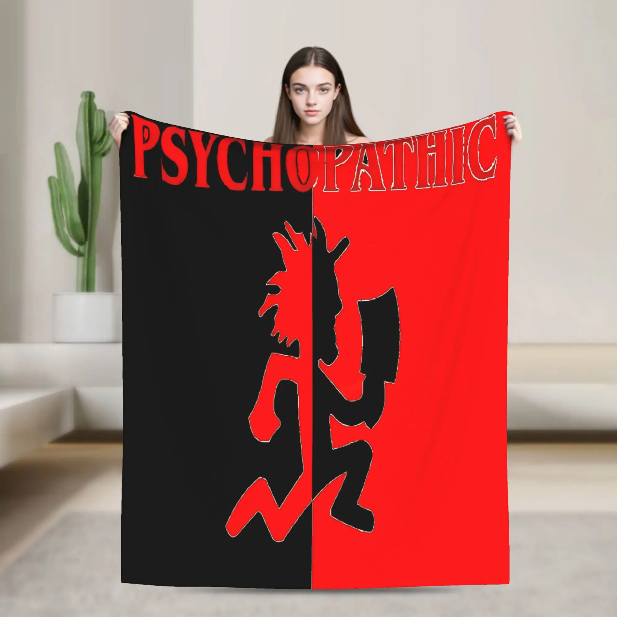 ICP Insane Clown Posse Psychopathic Split Cotton Fabric Flannel Throw Blanket, Black-Red Hatchetman Silhouette, Hip-Hop Look Juggalo Fanart Warm Gift for All Ages