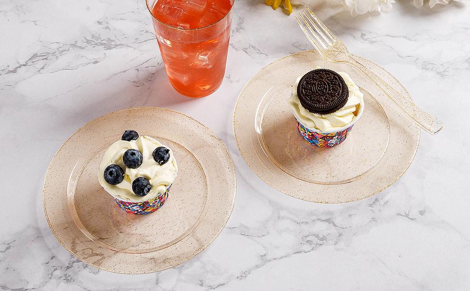 GOODLUCK 240PCS Gold Glitter Disposable Plates & Forks Set 120 Heavy-Duty 7 Dessert Plates 120 Plastic Forks for 120 Guests Perfect for Weddings Parties Baby Showers Events Decorations Supplies Birthdays