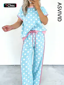 Women's Casual Polka Dot Short Sleeve Top and Pocket Drawstring Long Pants Set, High Waist Design, All Seasons Wear, Two-Piece Set