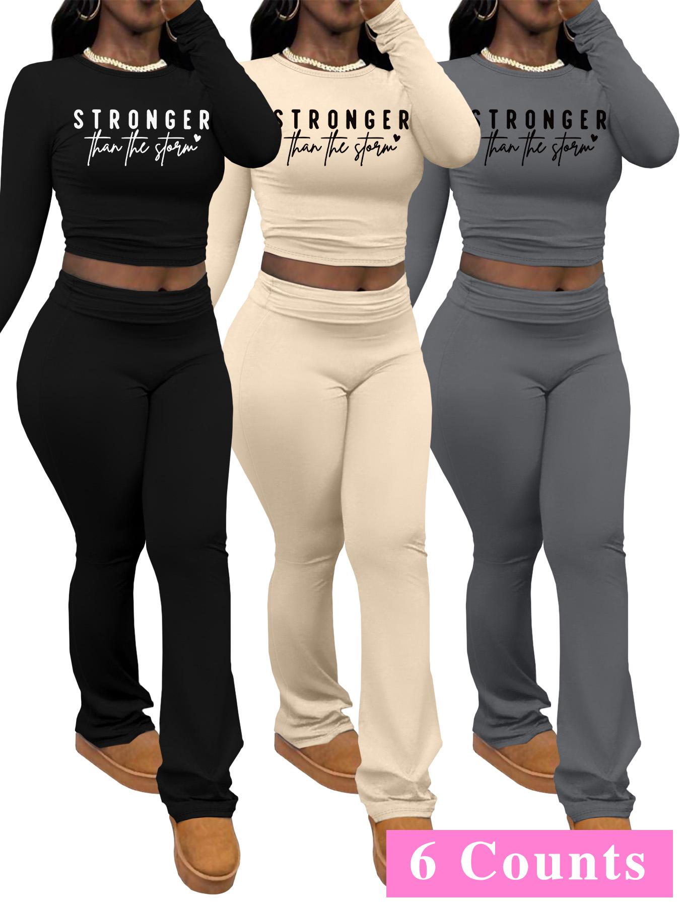 Women's Letter Print Long Sleeve Crop Top & Pants Set, Casual Fashion Cozy Legging Outfits for Daily Outdoor Wear, Women Clothing for Spring & Fall