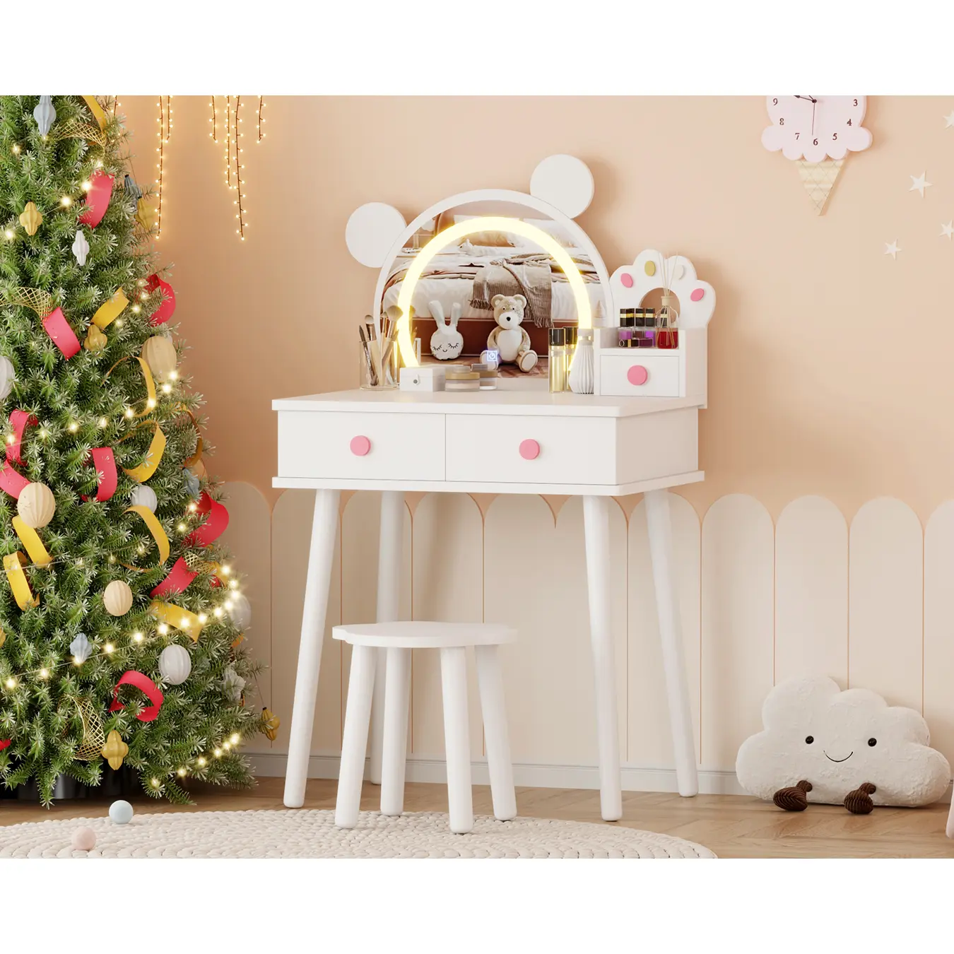Kids Vanity Set with Lights,Bear-Shaped Make Up Vanity Desk with Mirror&Stool,Wooden Princess Toddler Make Up Table Set for Bedroom,Pretend Play Vanity Sets for Little Girls(White/Pink/Purple)