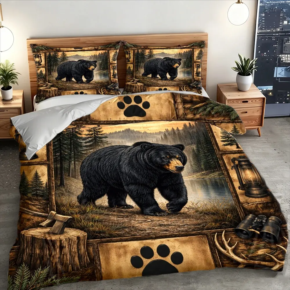 3PC Retro Forest Animal Black Bear Bedroom Bundle Bedding Set - 1 Duvet Cover, 2 Pillowcases, All-Season Durable Comfy Machine-Washable Bedding with Invisible Zipper for Home & Dorms