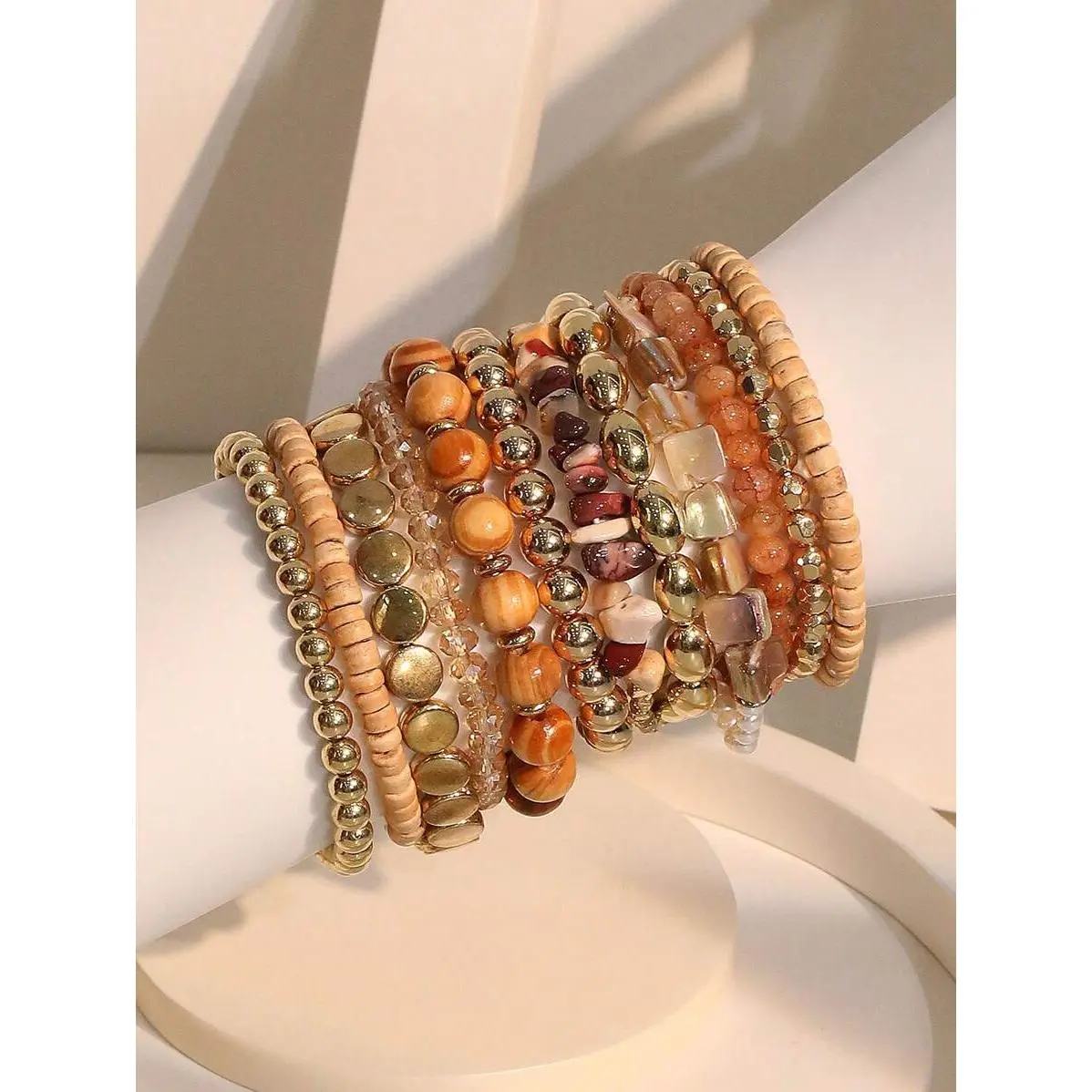 Women's 12pcs Bohemian Khaki Beaded Layered Bracelet Set - Fashion Accessories Jewelry for Beach Holiday, Daily Wear, Bead Bracelets, Fashion Bracelet