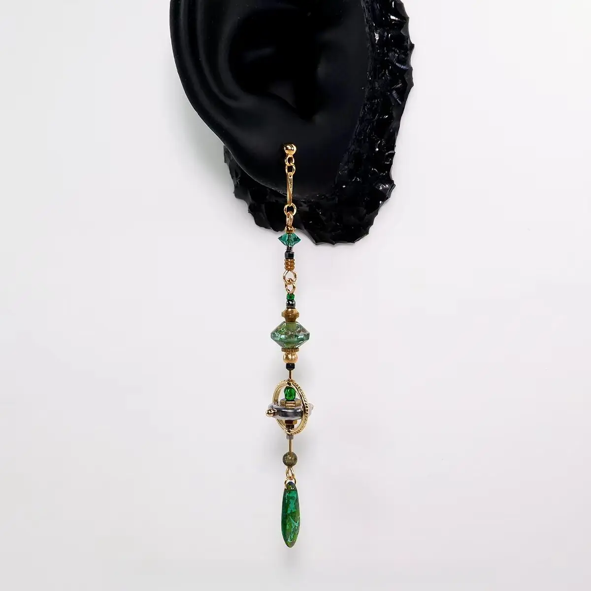 Handmade Industrial Green Saturn Orb Long Dangle Earrings - 9.1cm Lightweight Titanium Alloy Niche Statement Jewelry for Daily Wear#IndustrialJewelry#LongDangleEarrings#NicheAccessories#GreenCrystalJewelry#VintageMetalJewelry, Industrial Look, Statement W