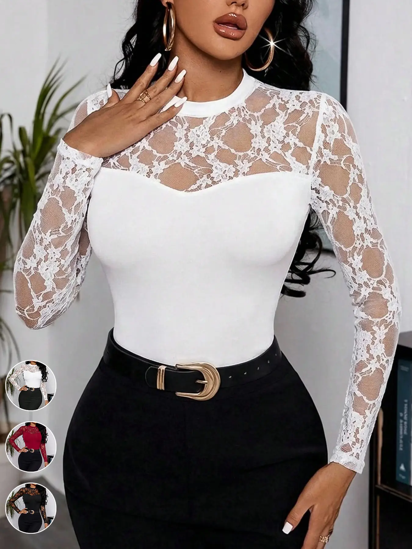Women's Elegant Chic Lace Patchwork Slim Fit Stretch Long Sleeve Top for Women, Sexy Contrast Lace Round Neck T-Shirt，Comfortable and Stylish Upper Garment, Perfect for Daily Wear