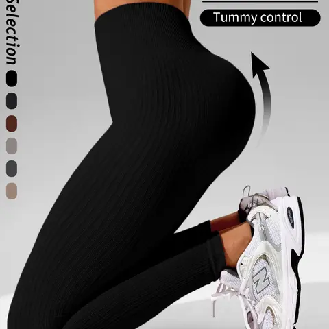 Women's Solid-Color Ribbed High-Waisted Yoga Leggings with Butt-Lifting and Tummy-Control Design, Stretchy Athleisure Pants for Yoga, Workouts, and Daily Wear, Activewear Sports Leggings