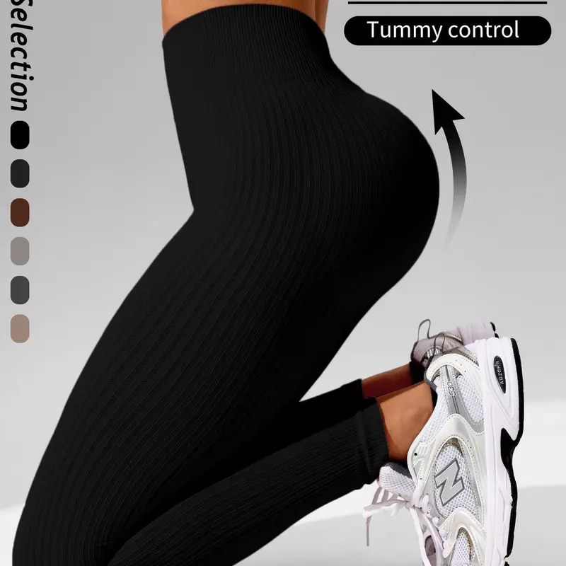 【Biack Friday】Women's Solid-Color Ribbed High-Waisted Yoga Leggings with Butt-Lifting and Tummy-Control Design, Stretchy Athleisure Pants for Yoga, Workouts, and Daily Wear, Activewear Sports Leggings