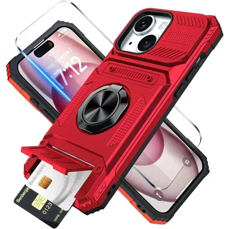 Military Quality Case for iPhone 11 13 14 15 16 Pro Max Magnetic Rotated Ring Kickstand Heavy Duty Drop Protection Wallet Cover