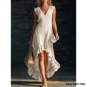 New Fashionable Romantic Sleeveless V-Neck Long Dress with Ruffled Hem