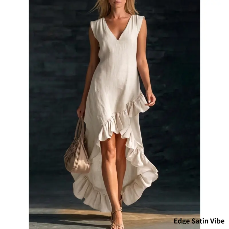 New Fashionable Romantic Sleeveless V-Neck Long Dress with Ruffled Hem
