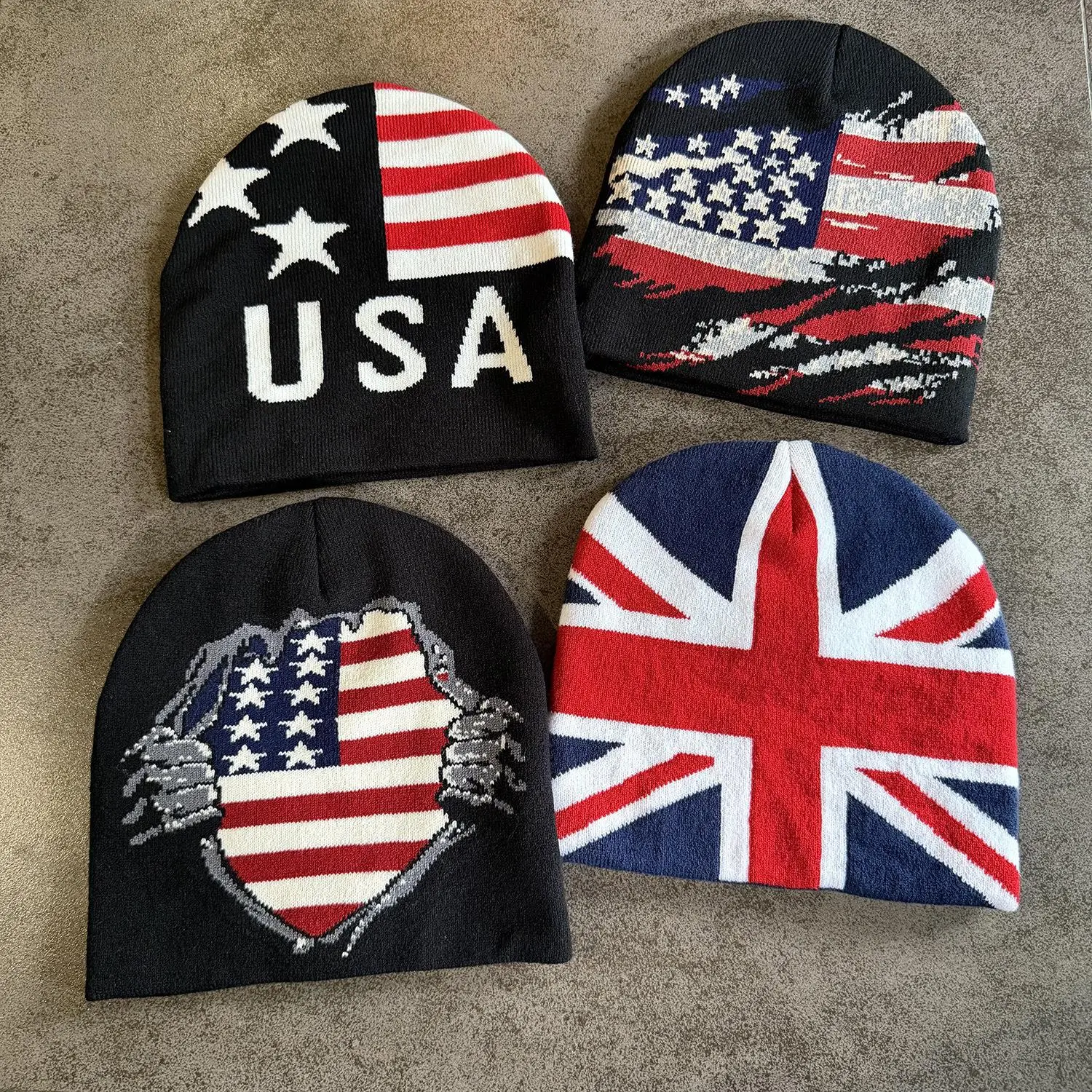 Viral USA UK Flag Jacquard Knit Beanie, Unisex Warm Cuffed Skull Cap, Winter Outdoor Ski Party Hat for Men Women