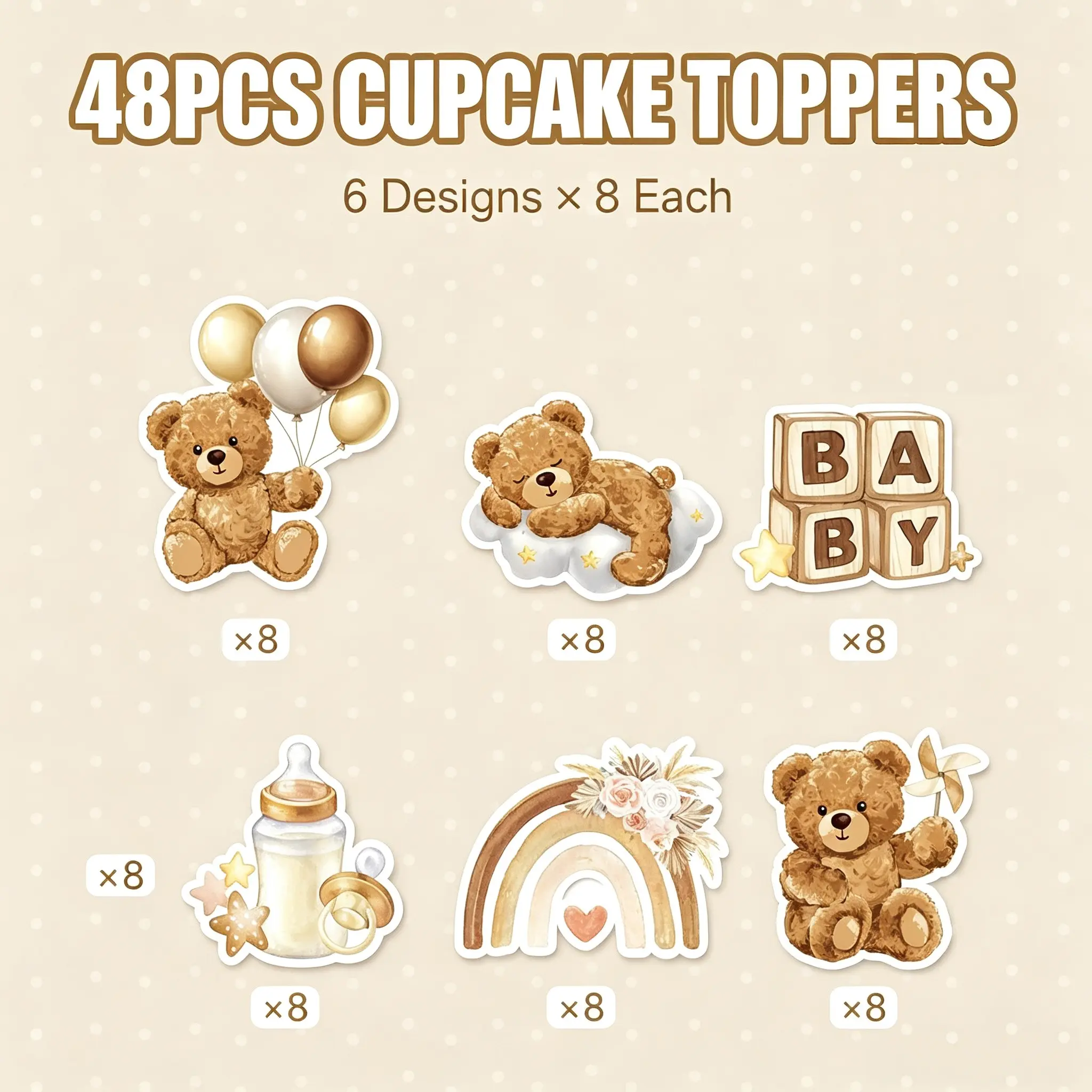 48pcs/Set of Little Bear Cake Topper Cards, Baby Shower Cake Decorations, Suitable for Baby Showers, Teddy Bear Themed Parties, and Various Birthday Party Decorations