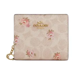 COACH Snap Wallet for Women – Coated Canvas with Signature Logo, Gold and Sand Color