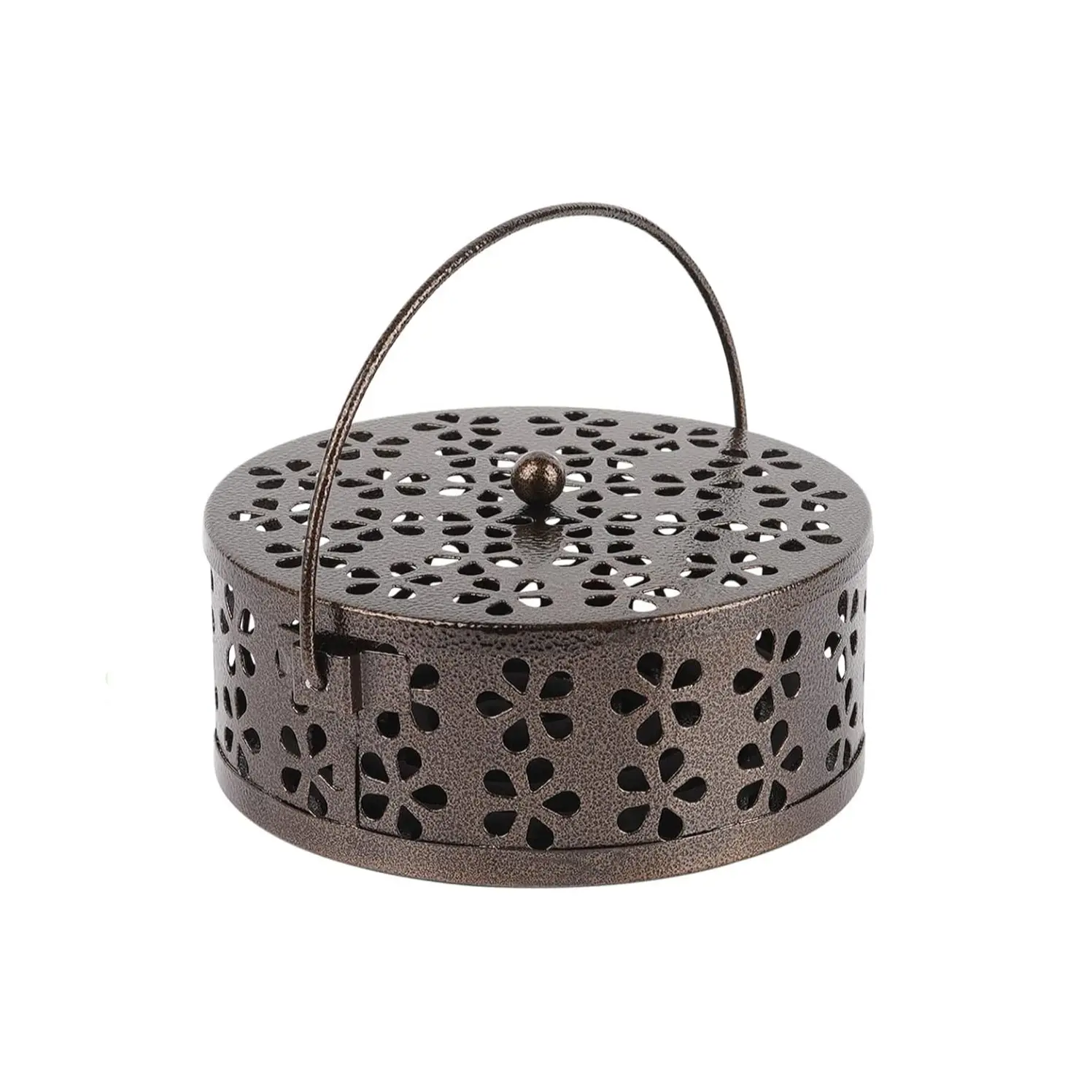 Portable iron mosquito coil holder with handle, round heat-resistant Design incense holder suitable for home, office, camping and outdoor (bronze)