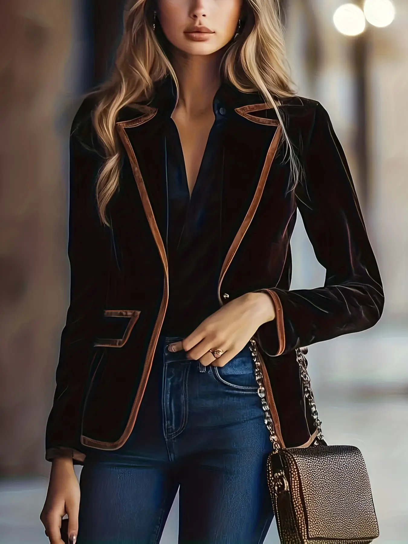 Light Mature Style Colorblock Trimmed Blazer, Velvet Texture Notched Lapel Single Button Long Sleeve, Office Party Versatile Short Jacket