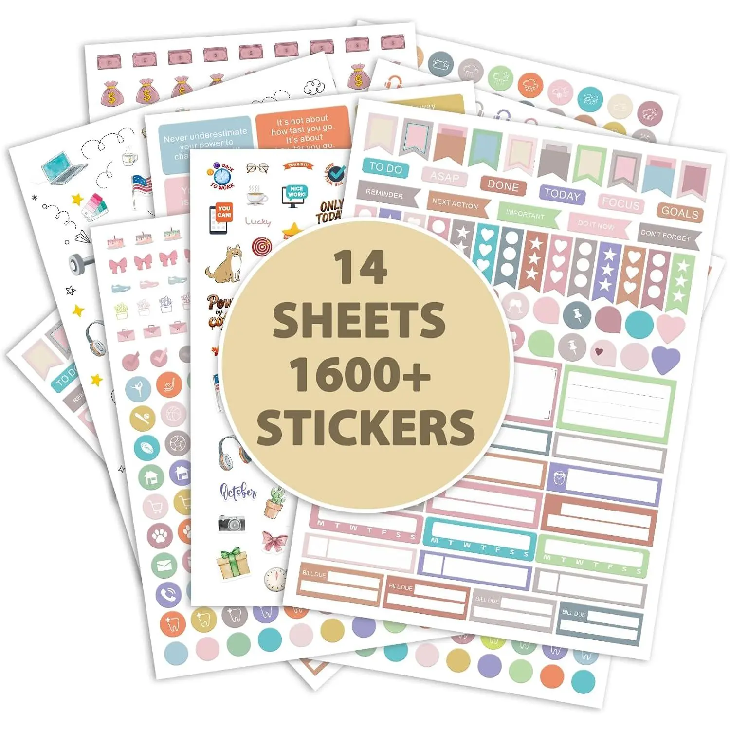 Planner Stickers, 1600+ Motivational & Everyday Essentials Writable Stickers for Journaling Scrapbook, Aesthetic Scrapbook Supplies & Planner Accessories, Calendar Stickers for Women, Adults and School (14 Sheets)