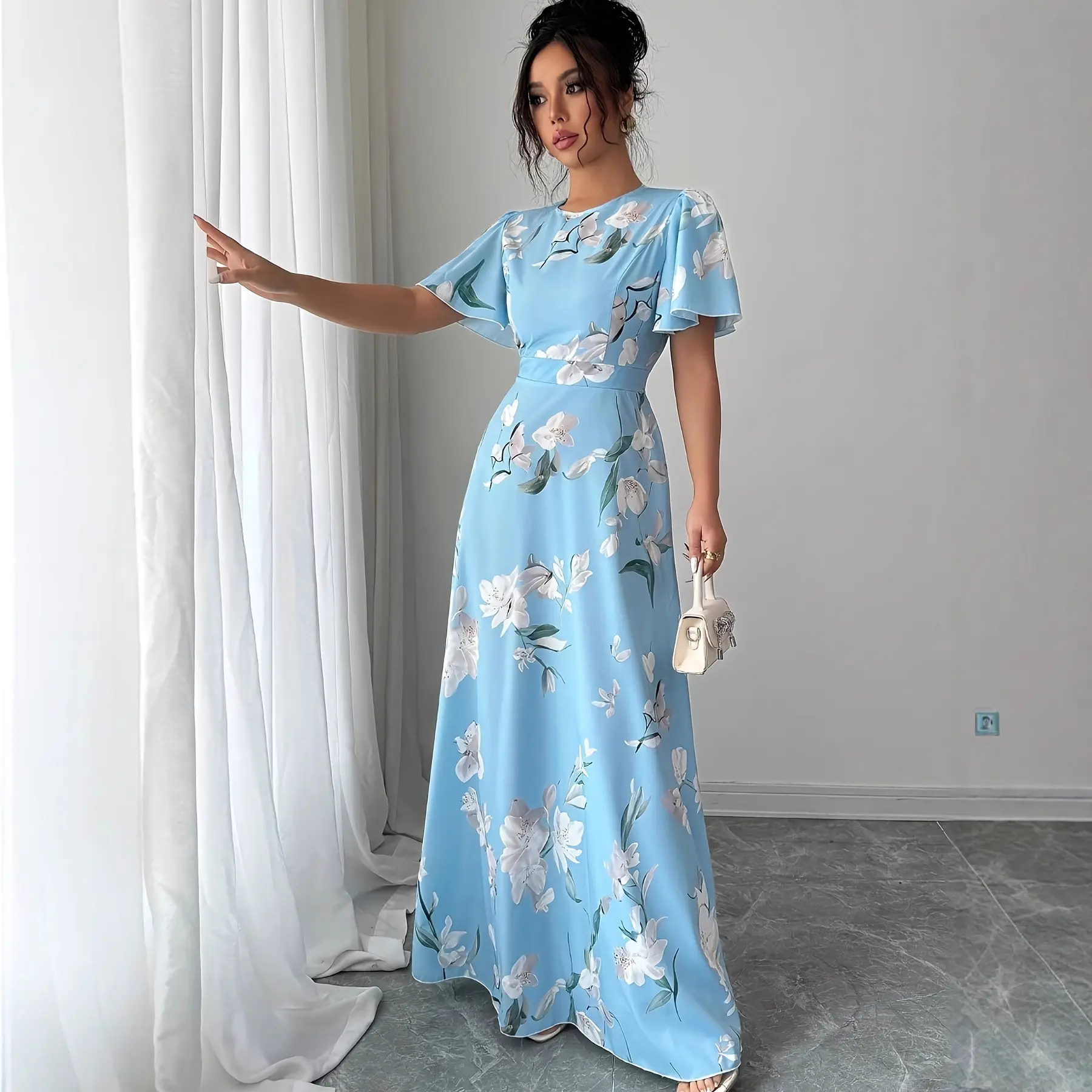 Light Blue Floral Maxi Dress for Women, Elegant Pleated A-Line Gown with Ruffled Short Sleeves for Wedding Guest Parties, Flowers