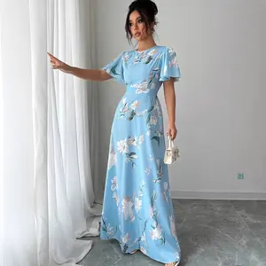 Light Blue Floral Maxi Dress for Women, Elegant Pleated A-Line Gown with Ruffled Short Sleeves for Wedding Guest Parties, Flowers