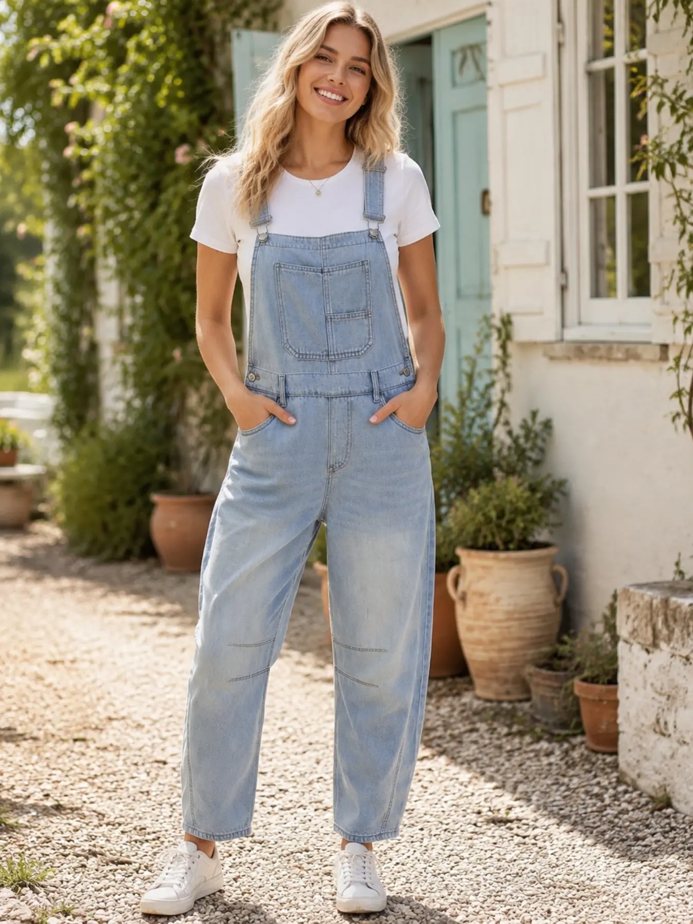 American Style Light Blue Washed Denim Overall Pants for Women, Loose Straight Fit Slimming Adjustable Shoulder Straps Casual Jumpsuit