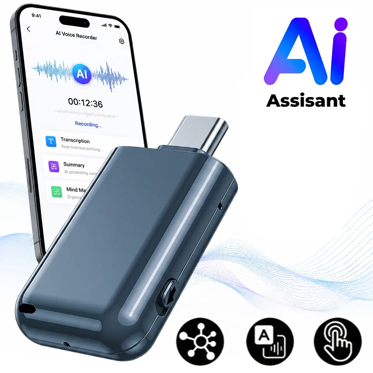 Smart AI Voice Recorder, AI Note Taker with APP Control, Transcribe & Summarize, Supports 200+ Languages, HD Noise Cancellation, Long Battery,Mini Portable Design,Pocket AI Recorder for Meetings, Calls, Lectures,Interviews