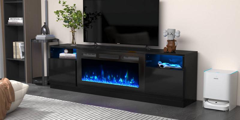70'' Modern Built-in Electric Fireplace TV Stand with 3D Flame & 16-Color RGB LED, 36'' Recessed Fireplace Insert Heater, Entertainment Center for 80'' TVs in Living Room