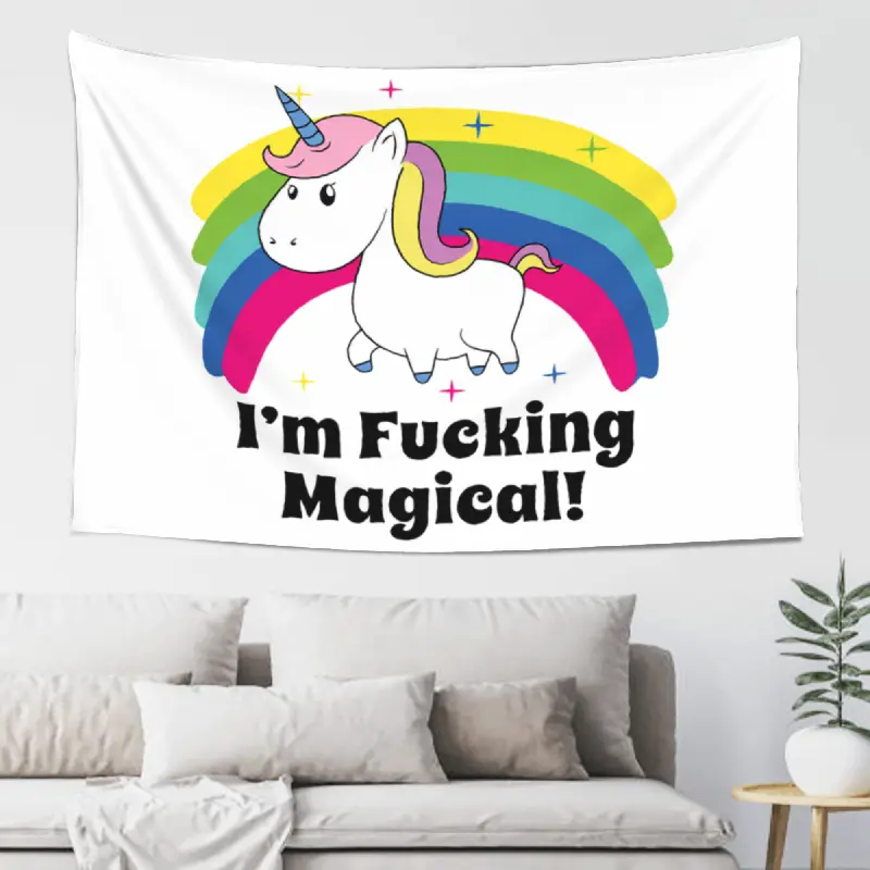 Funny Unicorn Magical Quote Tapestry (5ft x 3ft/60in x 40in) - Star-Enhanced Colorful Rainbow Cartoon Horse Peach Skin Fabric Wall Hanging, Photo Backdrop for Bedroom, Gift for Unicorn Lovers Home Decor, 152Cm X 102Cm, Playful Room Decoration