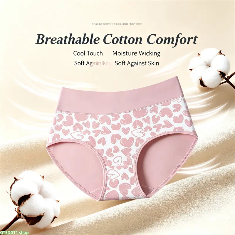 6 pcs Women’s Mid Rise Cotton Panties Multipack Cute Heart Print Briefs With Antibacterial Crotch Soft Breathable Moisture Wicking Stretch Underwear For Daily Loungewear Workout Ladies Everyday Underpants In Pink White Tones