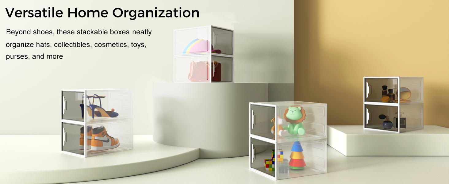 XL Large Stackable Shoe Boxes - Clear Shoe Boxes with Door, Thicken Shoe Organizer for Closet, Saving Foldable Shoe Containers Bins for Sneaker Boot - 6 Pack(White)