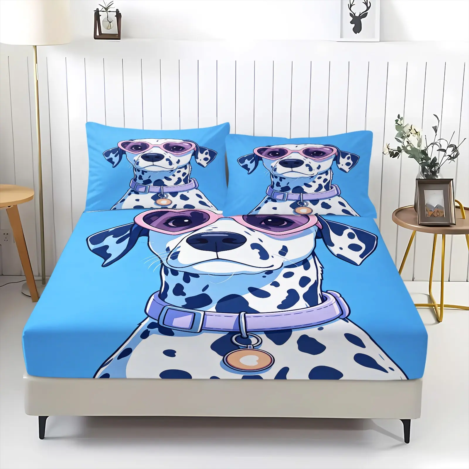 3Pcs Cartoon Puppy Fitted Sheet - Skin-Friendly & Breathable, Machine-Washable, Full Elastic Wrap, For Bedroom Dorm & Homestay, Housewarming Gift For Girls, Multi-Color Heart Sunglasses Dalmatian Print, Non-Slip Dustproof Bed Cover