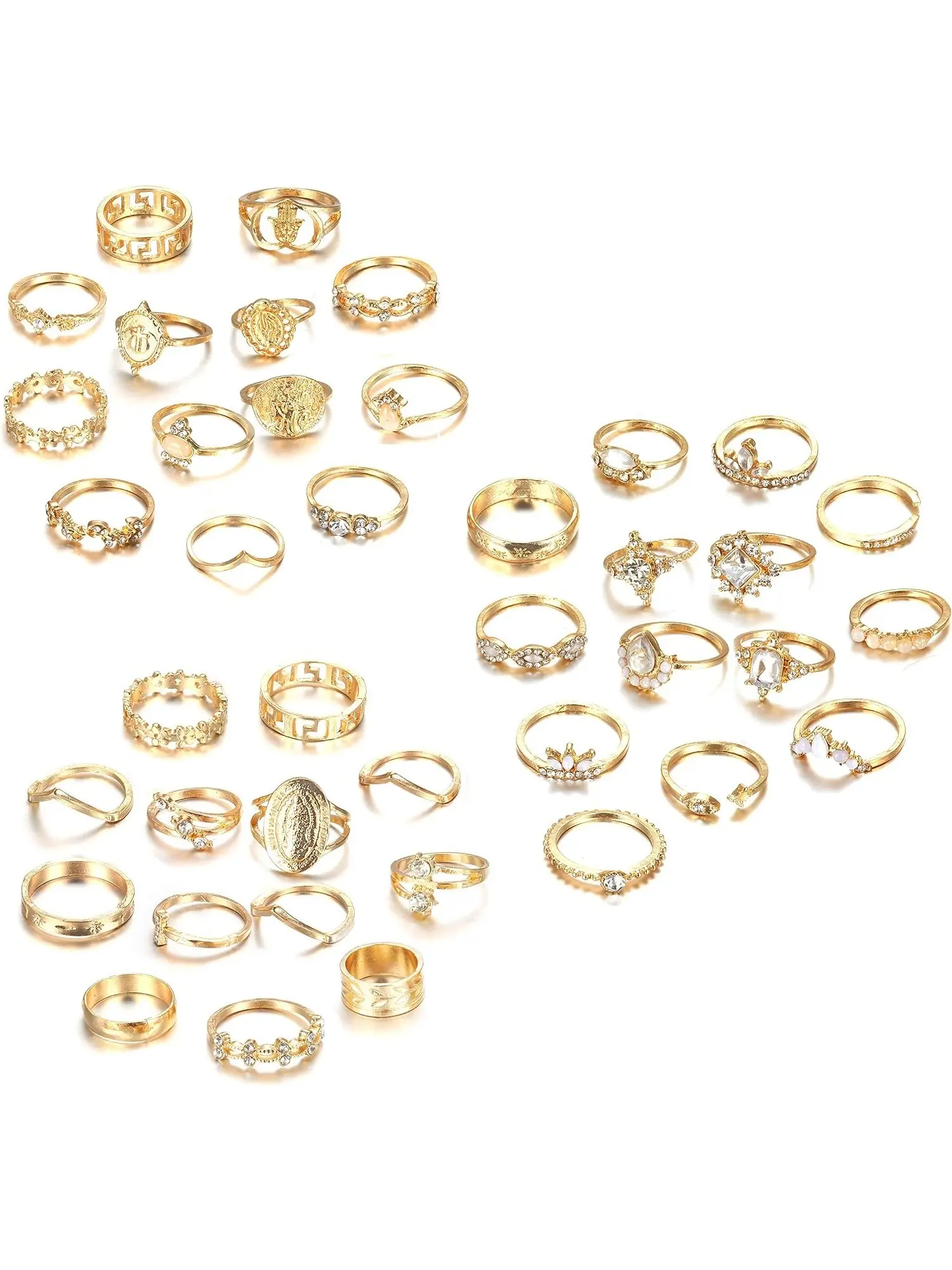 40 Pcs Golden Retro Alloy Stackable Ring Set, Jewellery for Women Men Vintage Adjustable Open Multi-Style Knuckle Midi Ring Mixed Hollow Band V-Shaped Open Band Signet Geometric Cutout Designs Layered Finger Jewelry