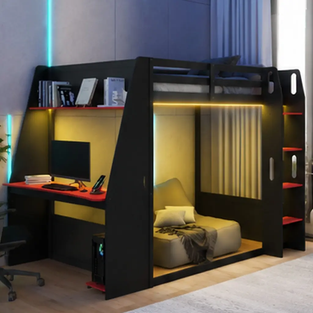 ARCH Full Size Wooden Gaming Bunk Bed with Desk, Two Storage Shelves, USB Ports & LED Lights, Space-Saving Loft Bed Frame for Kids Teens, Built-In Study Area, Multiple Shelves, Sturdy Construction, Bedroom Furniture, Bedroom Furniture for Bedroom