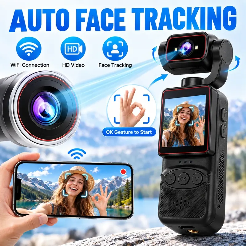 AI Tracking Vlogging Camera, Wearable 2K Action Camera with Auto Face Tracking, 270° Horizontal & 355° Vertical Rotation, 2.0" Screen, WiFi Transfer & Playback, Portable Creator Camera for Travel, Cycling, Cooking, Solo Content Creation, Christmas Gifts f